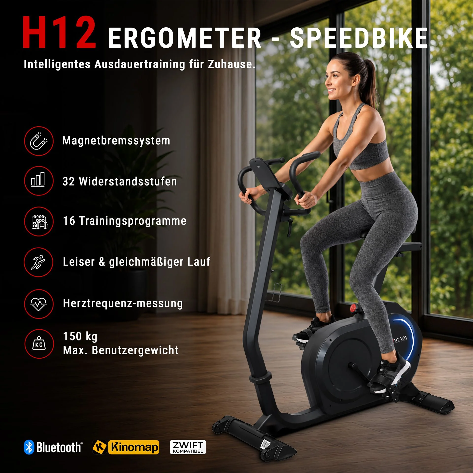 AsVIVA Ergometer Heimtrainer LED H12 Tiefeinsteiger – Magnetbremssystem, 32 Widerstandsstufen, 16 Trainingsprogramme, bis 150 kg