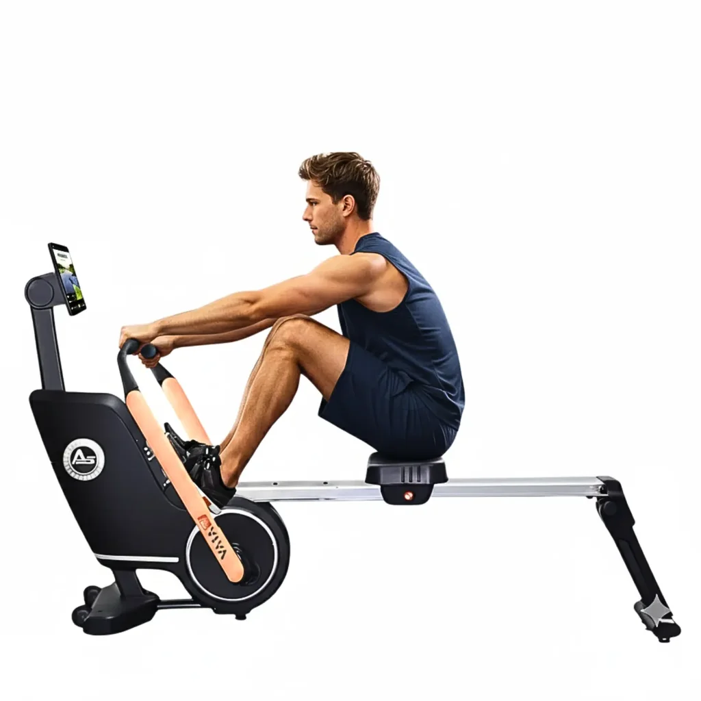 AsVIVA 3D-Rudergerät RA12 Rower in kompletter Seitenansicht mit Magnetwiderstand und ergonomischem Sitz