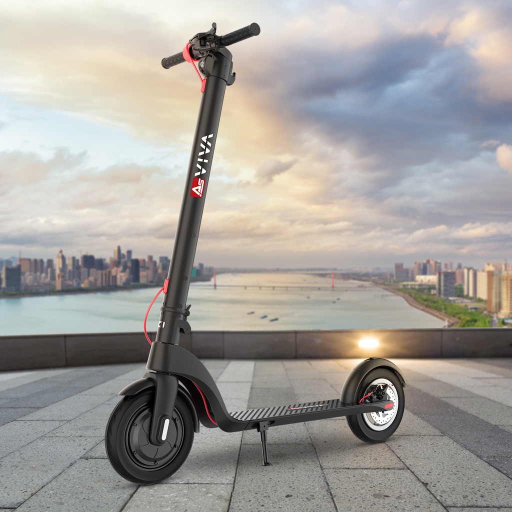 Der AsVIVA ES01 E-Scooter in kompletter Seitenansicht mit klappbarem Lenker und roten Akzenten